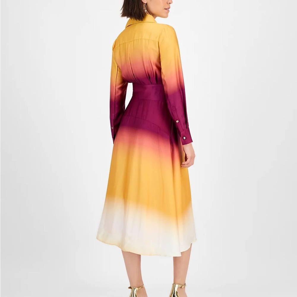 Tahari Gradient Burgundy and Yellow Long Sleeve Dress - Picture 3 of 3